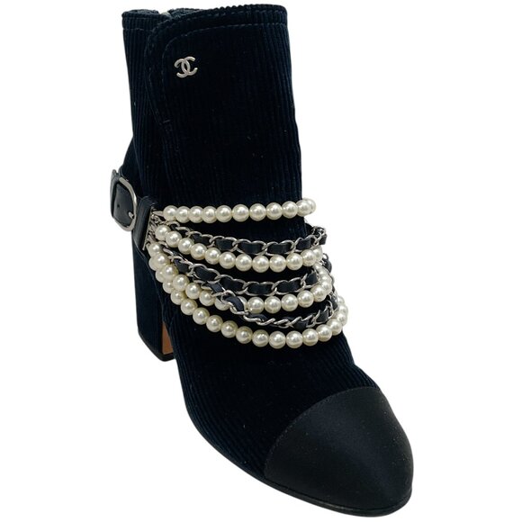 Chanel Navy Corded Velvet Boots with Pearls - Picture 1 of 12